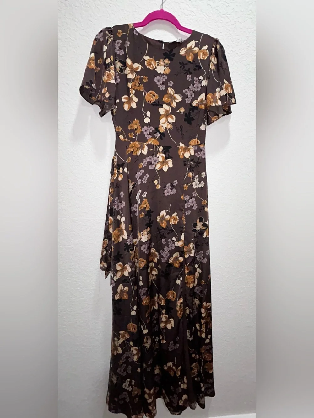 Baltic Borne Agnes satin maxi Floral Tie-Waist Maxi Dress in Dark Brown size s